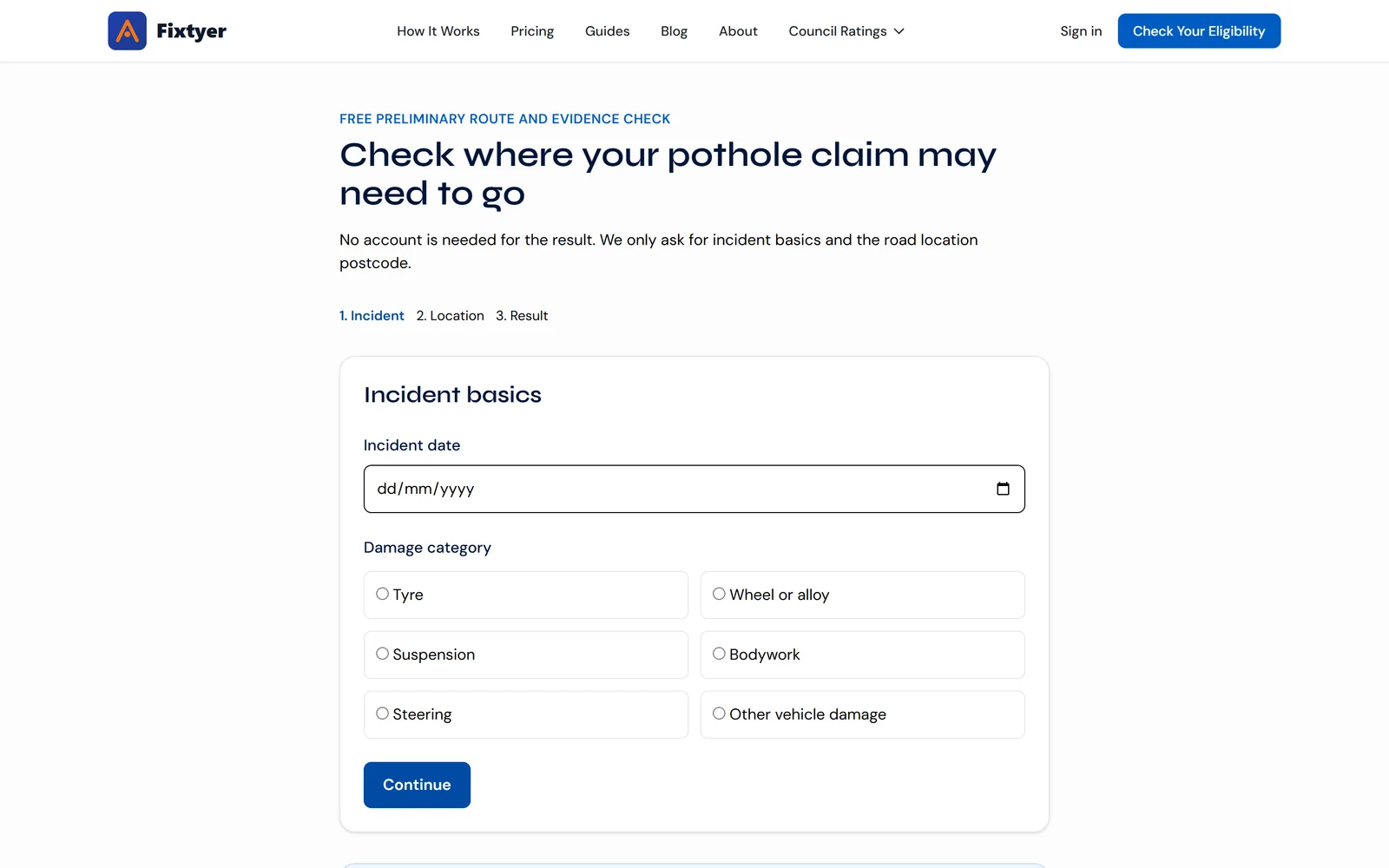 The free preliminary check on desktop: 'Check where your pothole claim may need to go', with incident basics, damage type and road postcode fields.