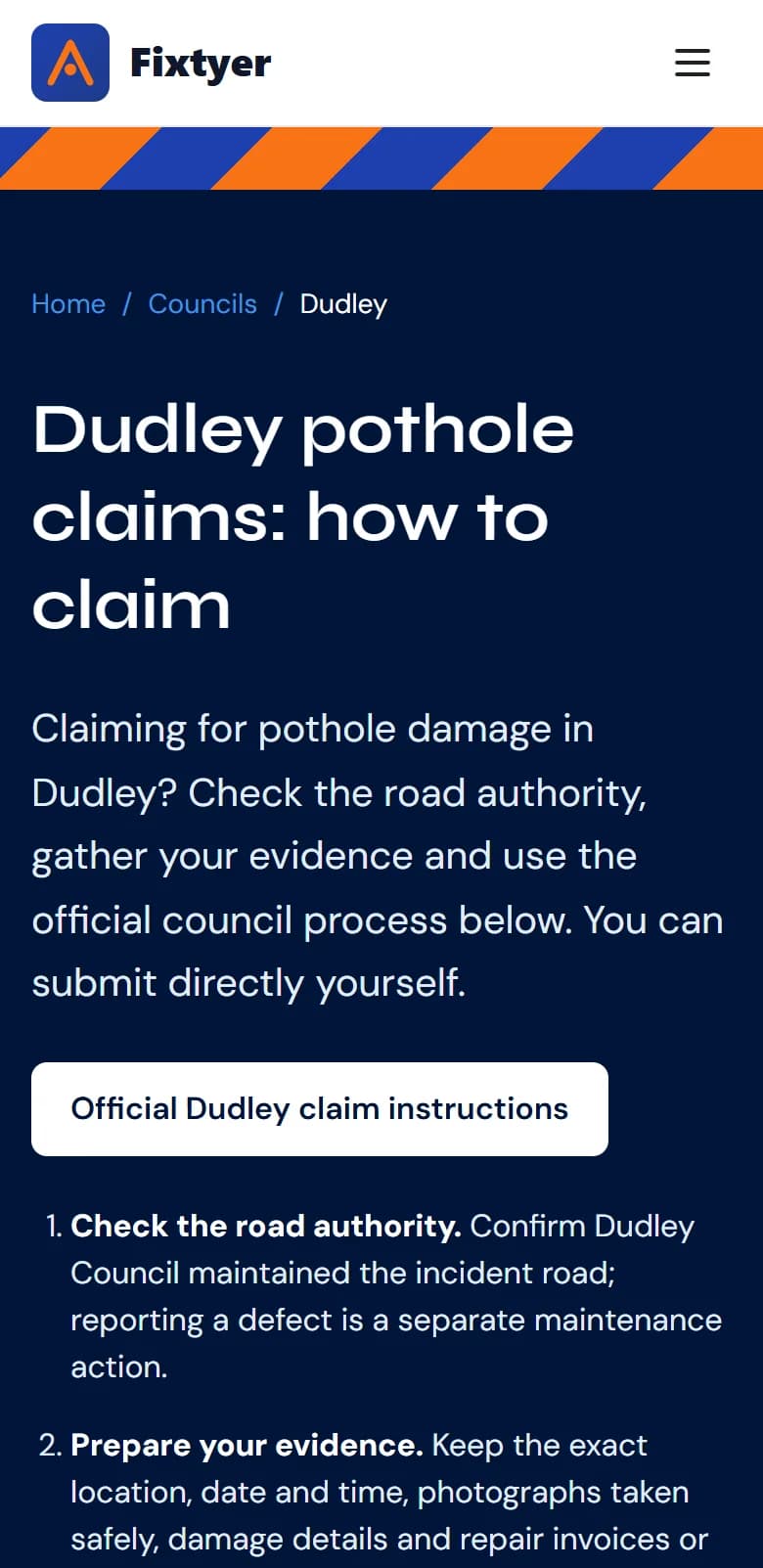 The Dudley council claim page on a phone.
