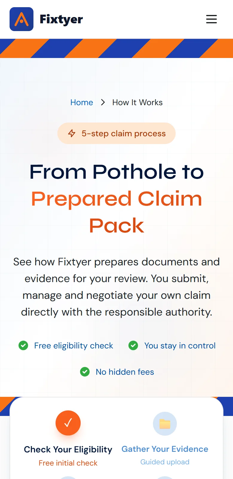 The How It Works page on a phone: 'From pothole to prepared claim pack'.