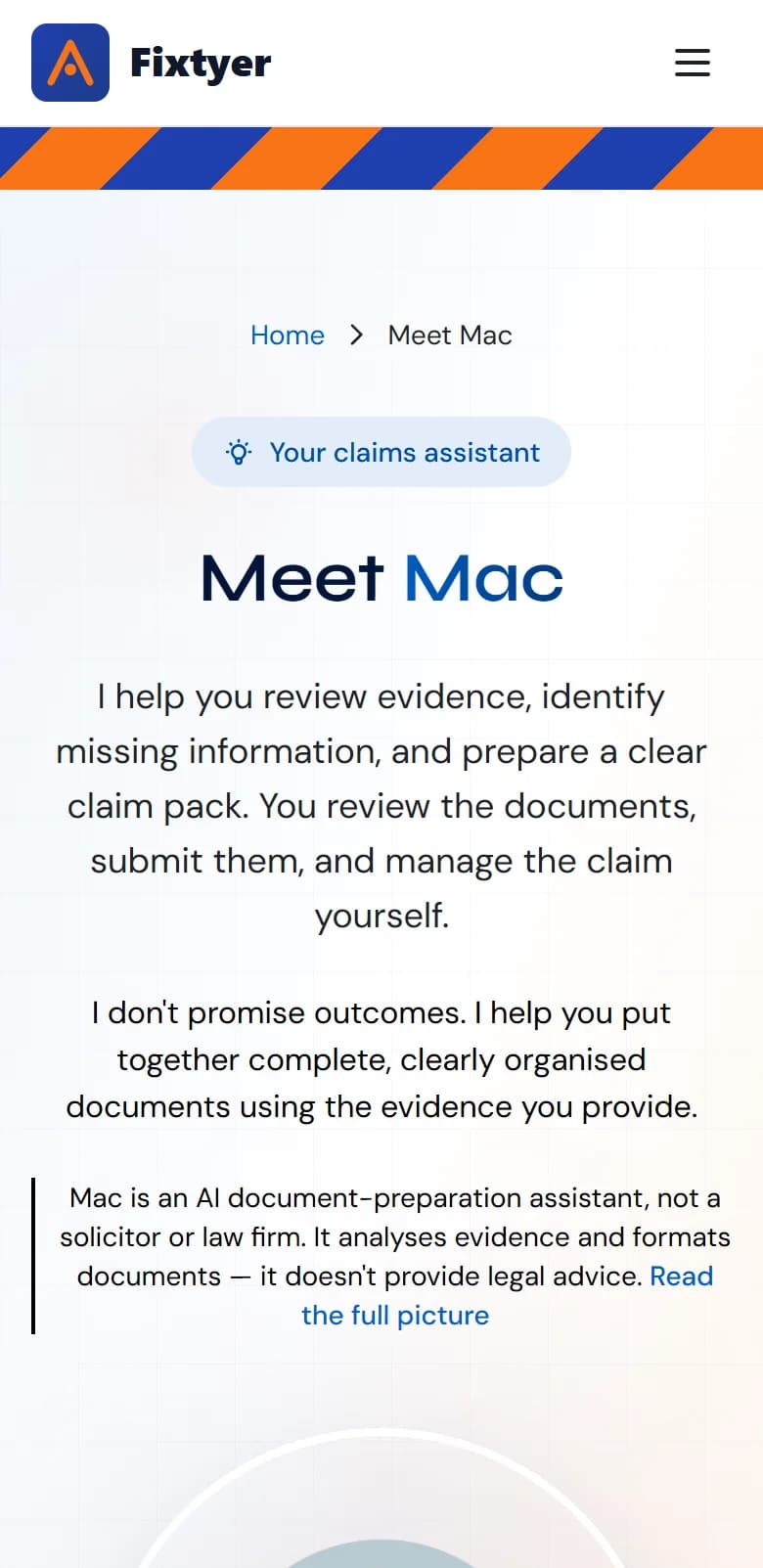 The Meet Mac page on a phone, introducing the AI document-preparation assistant and its limits.