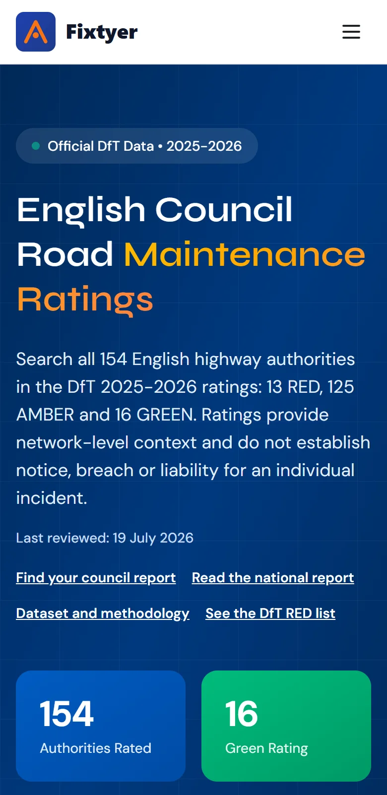 The searchable English council road maintenance ratings on a phone.