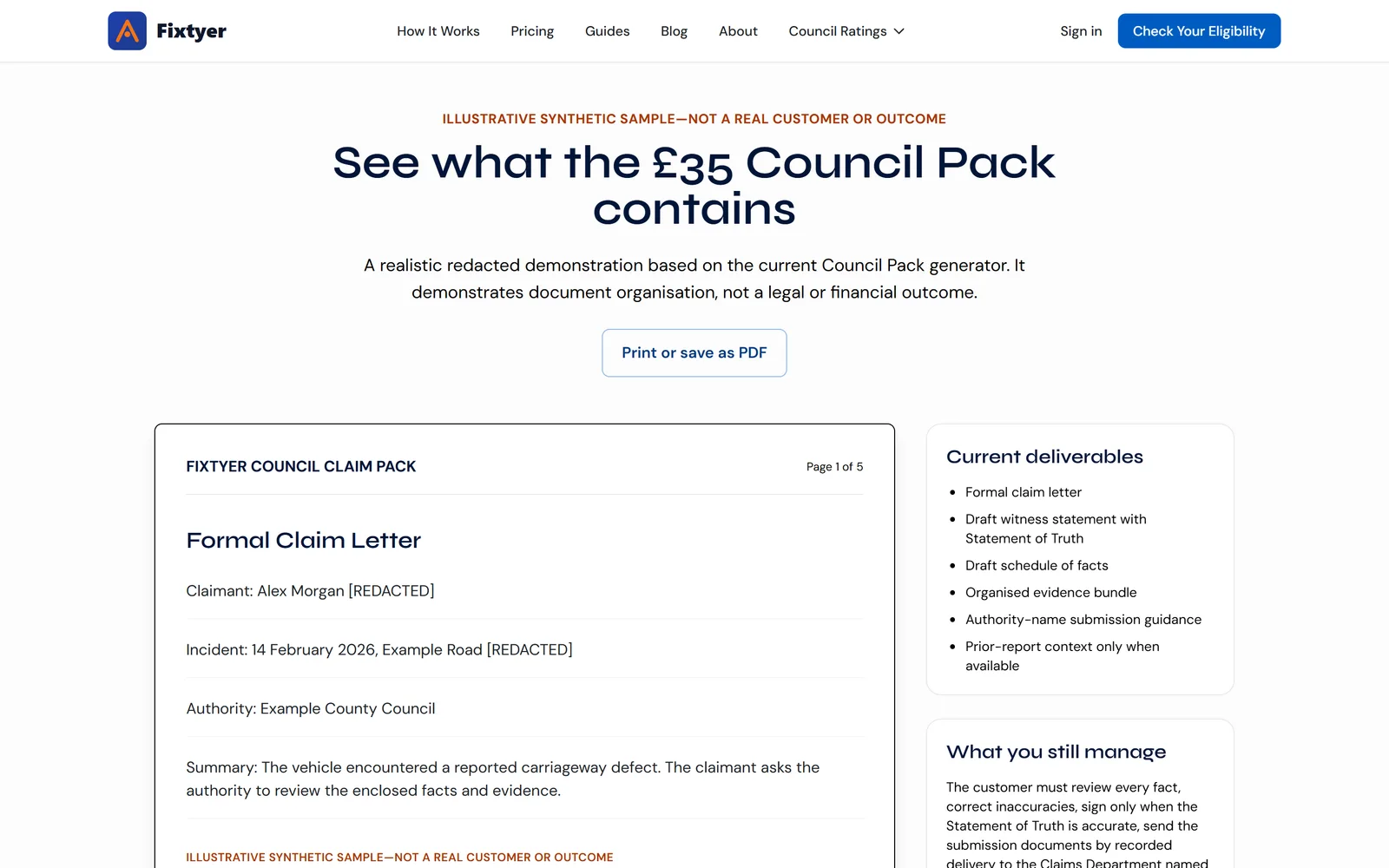 The sample Council Claim Pack page: 'See what the £35 Council Pack contains', listing the guidance and draft submission documents.