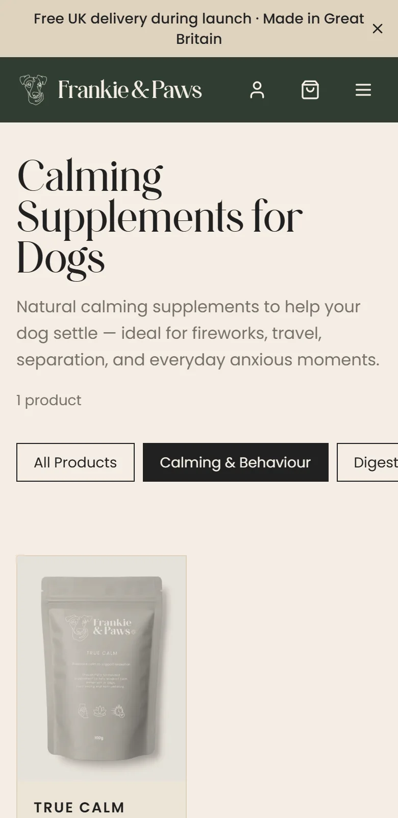 The calming supplements category guide on a phone.