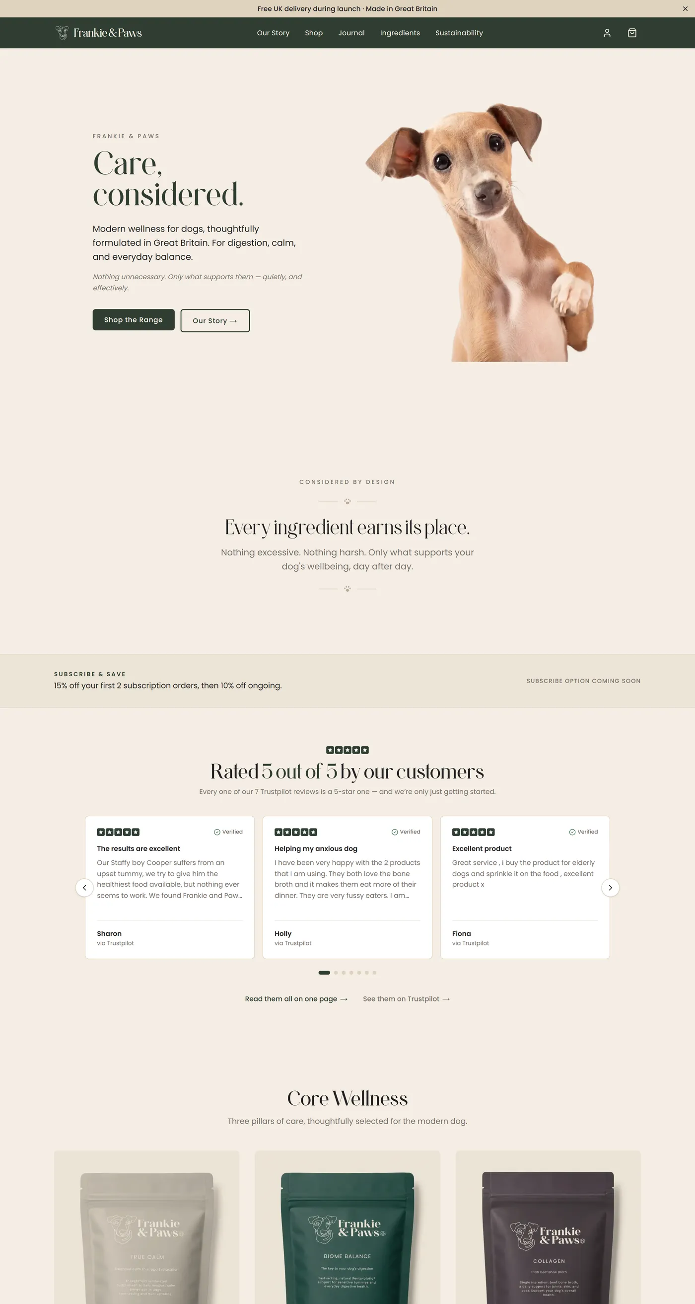 A long scroll of the Frankie & Paws homepage: products, founder story, ingredients, reviews and journal sections.