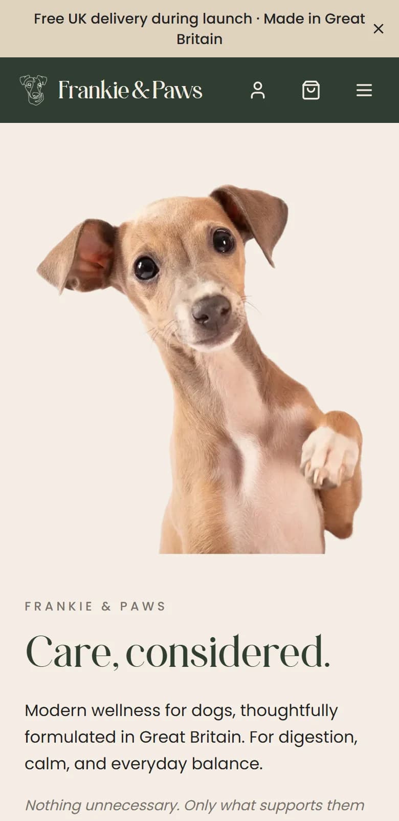 Frankie & Paws homepage on a phone.