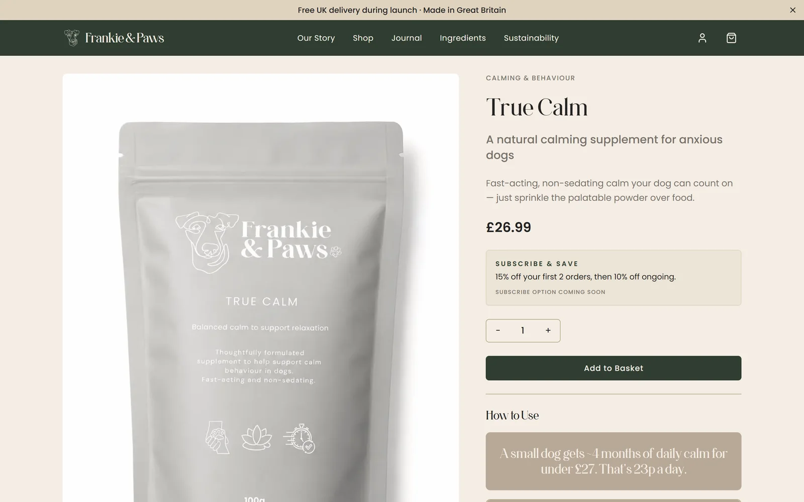 True Calm product page on desktop: product photography, a short benefit-led introduction, price and purchase controls, with the fuller explanation further down.
