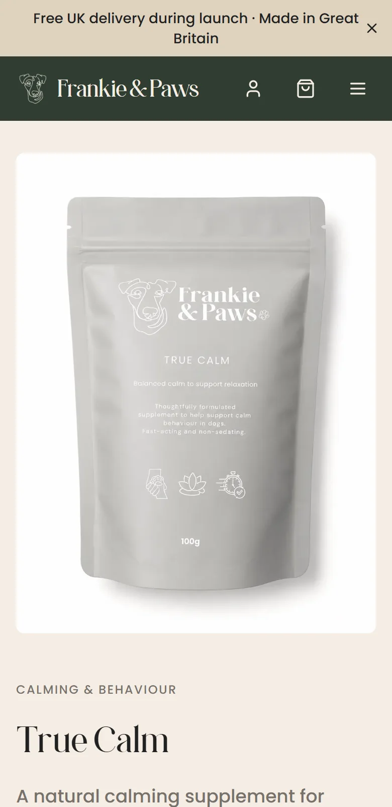 True Calm product page on a phone, with price and Add to Basket near the top.