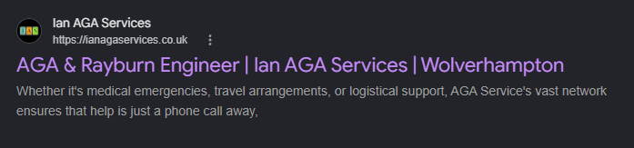 Google's result for the old Ian AGA Services website. Under the title 'AGA & Rayburn Engineer', the description reads: 'Whether it's medical emergencies, travel arrangements, or logistical support, AGA Service's vast network ensures that help is just a phone call away'.