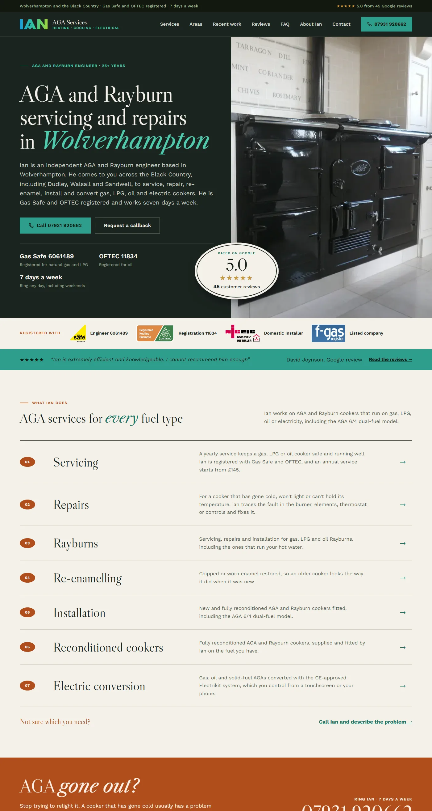 A long scroll of the Ian AGA Services homepage: hero, registration logos, a customer quote, the seven services as a ruled index and the terracotta 'AGA gone out?' band.