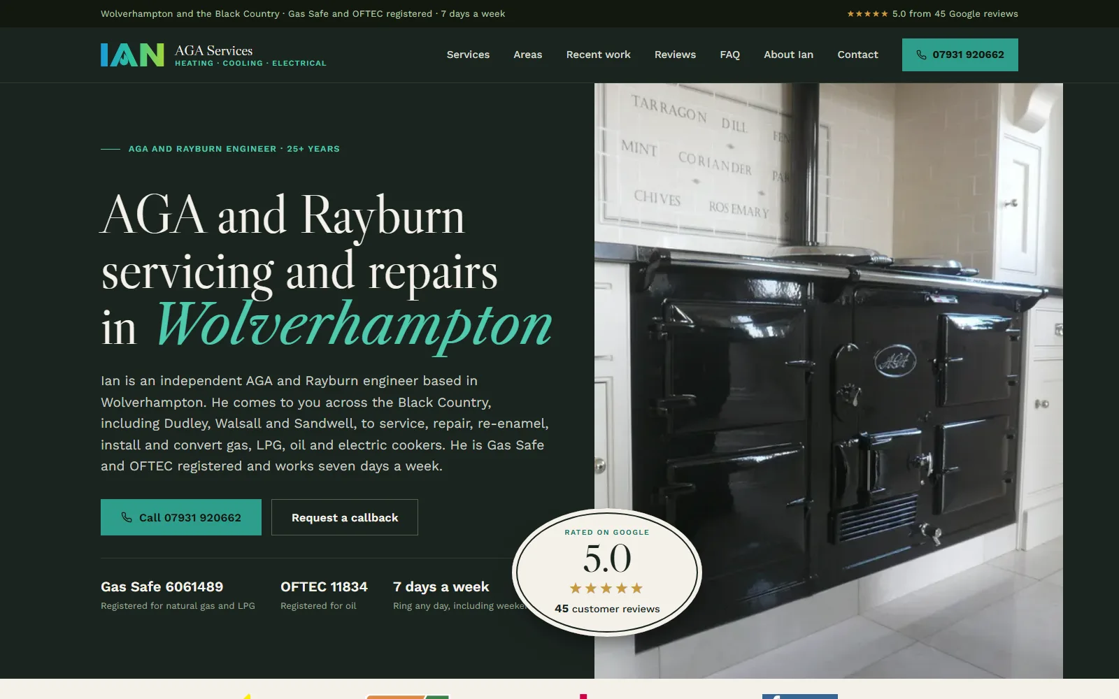 Ian AGA Services homepage: a cast-iron dark hero reading 'AGA and Rayburn servicing and repairs in Wolverhampton', a photograph of a black AGA, and an oval plaque showing a 5.0 Google rating from 45 reviews.