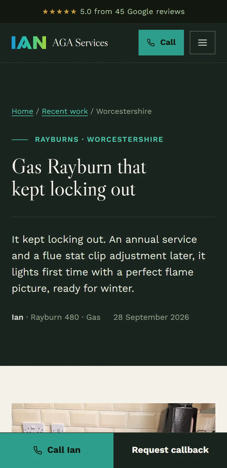 The first job write-up on a phone: 'Gas Rayburn that kept locking out', Worcestershire, 28 September 2026.