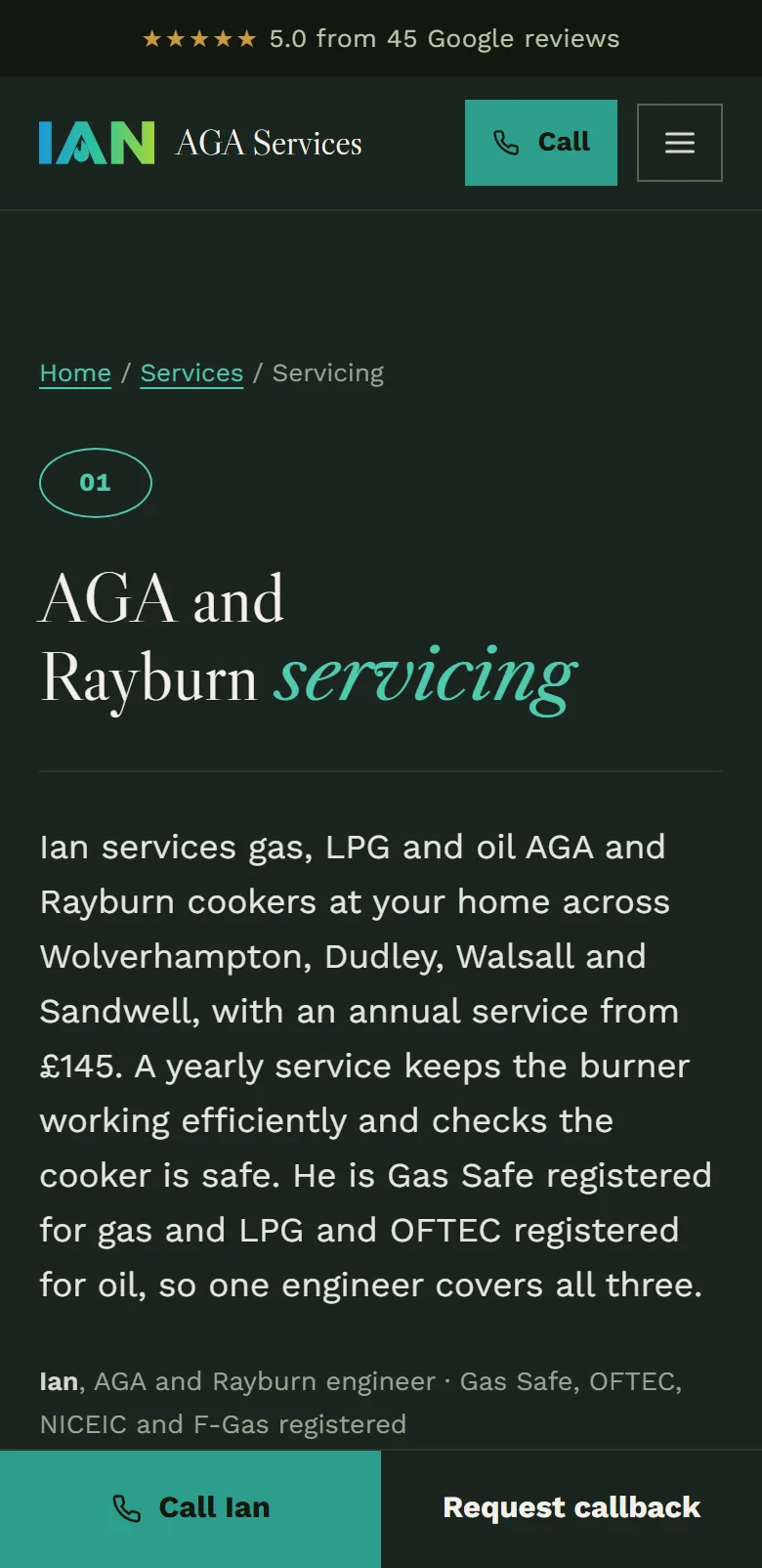The AGA and Rayburn servicing page on a phone, opening with an annual service from £145.