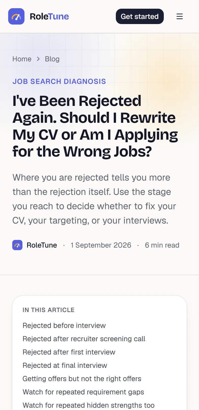 A RoleTune article on a phone: 'Rejected again? Rewrite your CV or change your targets'.