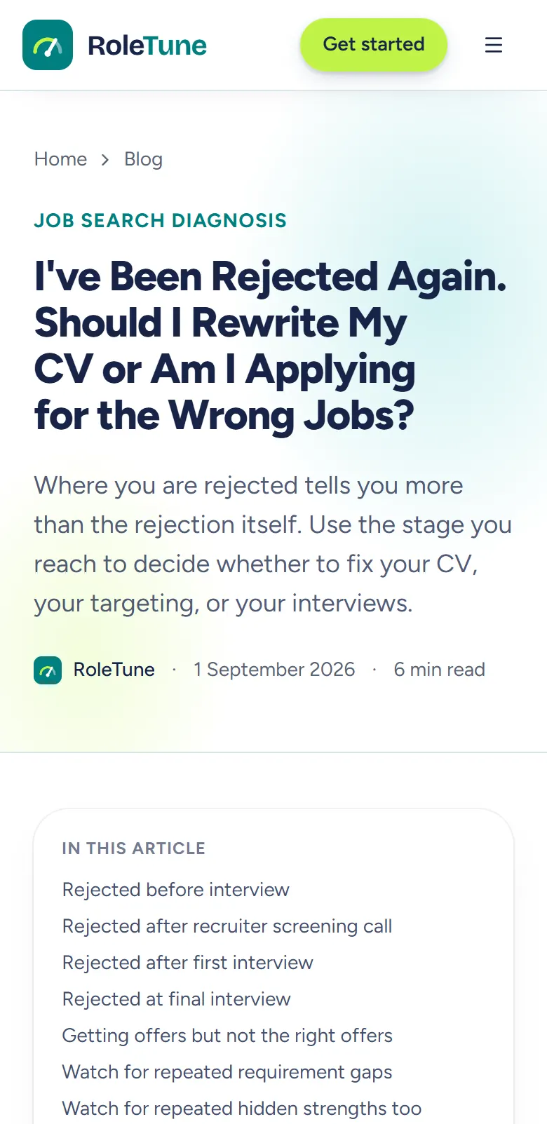 A RoleTune article on a phone: 'Rejected again? Rewrite your CV or change your targets'.