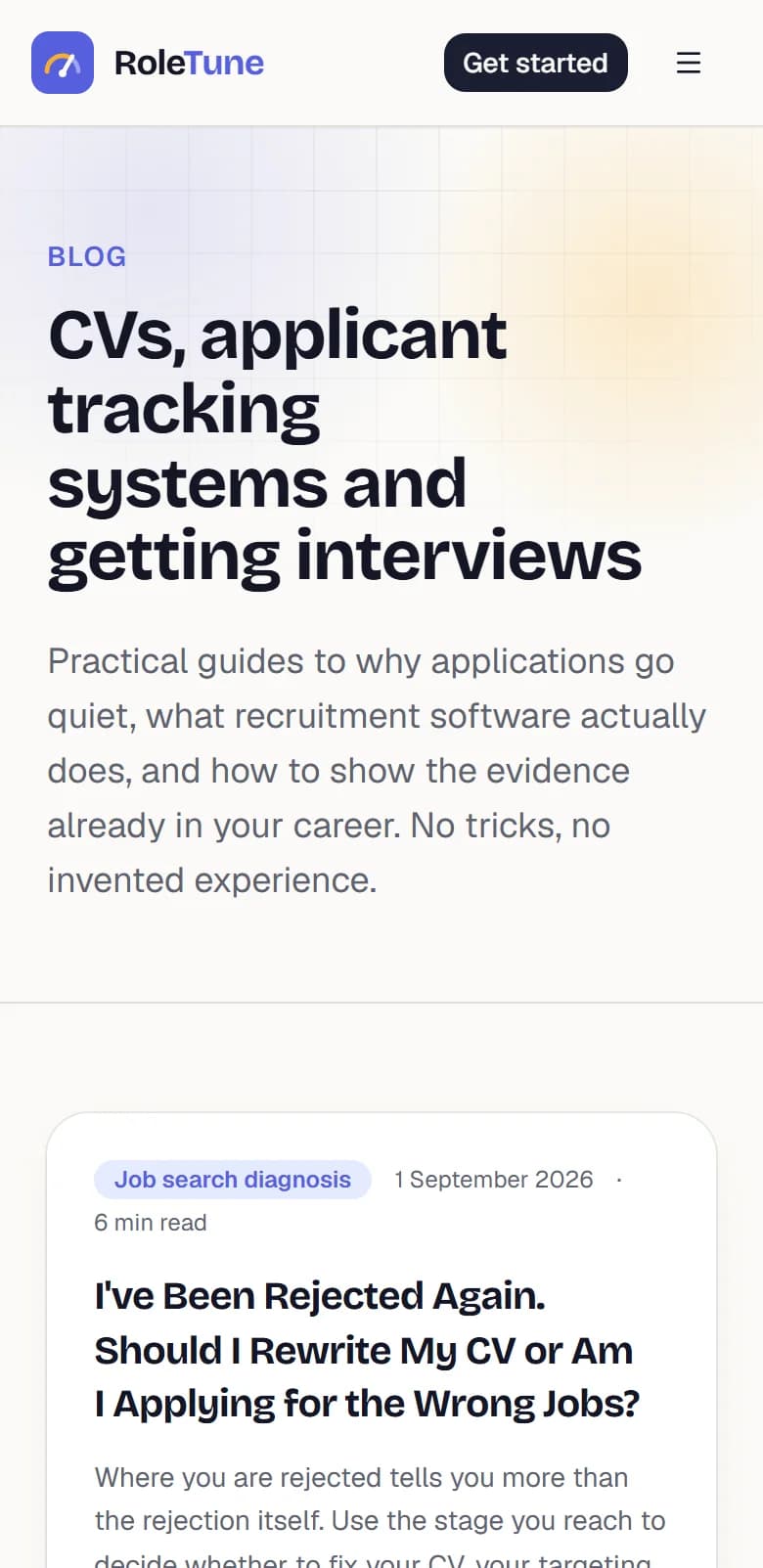 The RoleTune blog listing on a phone: CVs, applicant tracking systems and getting interviews.
