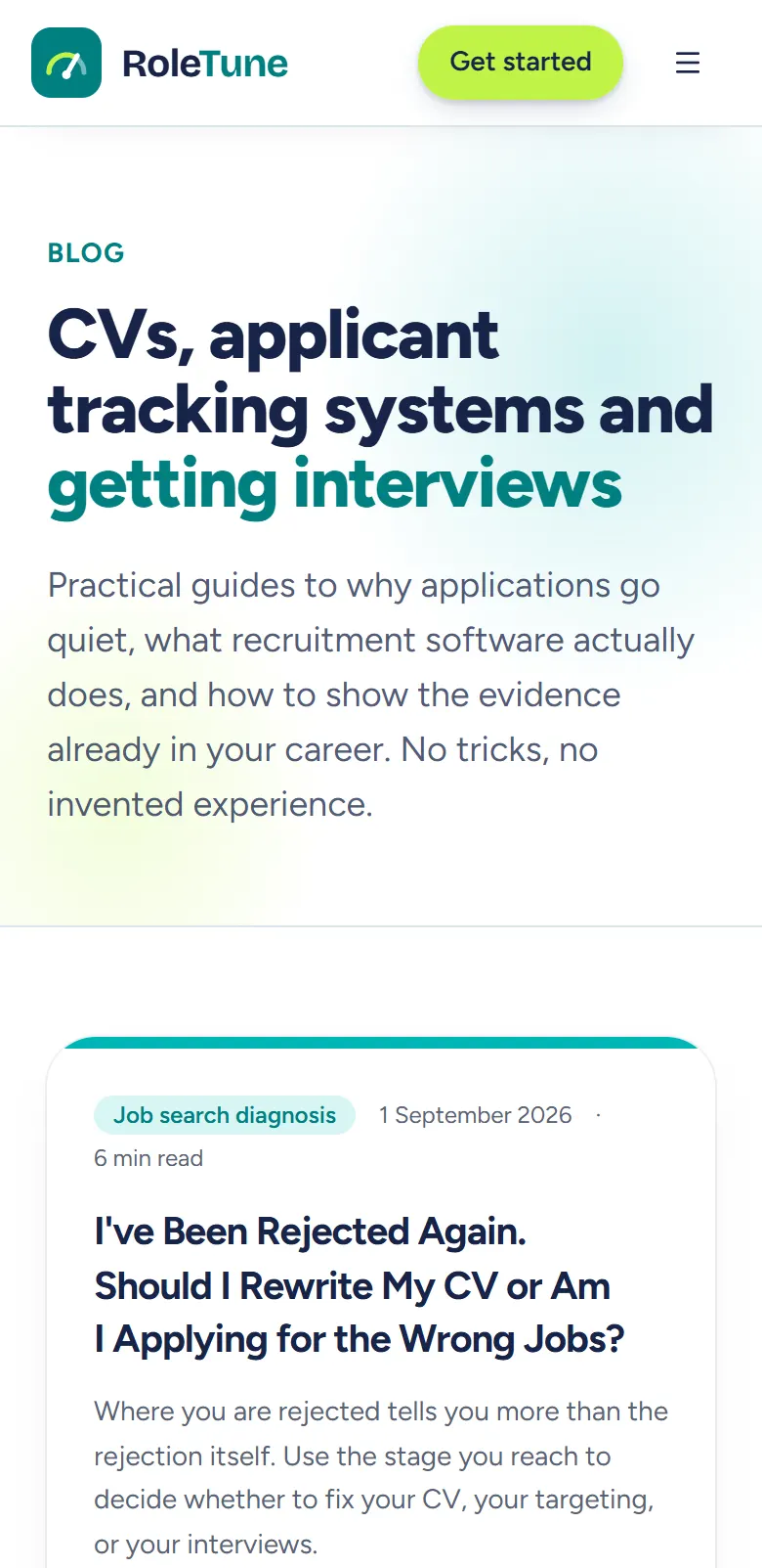 The RoleTune blog listing on a phone: CVs, applicant tracking systems and getting interviews.