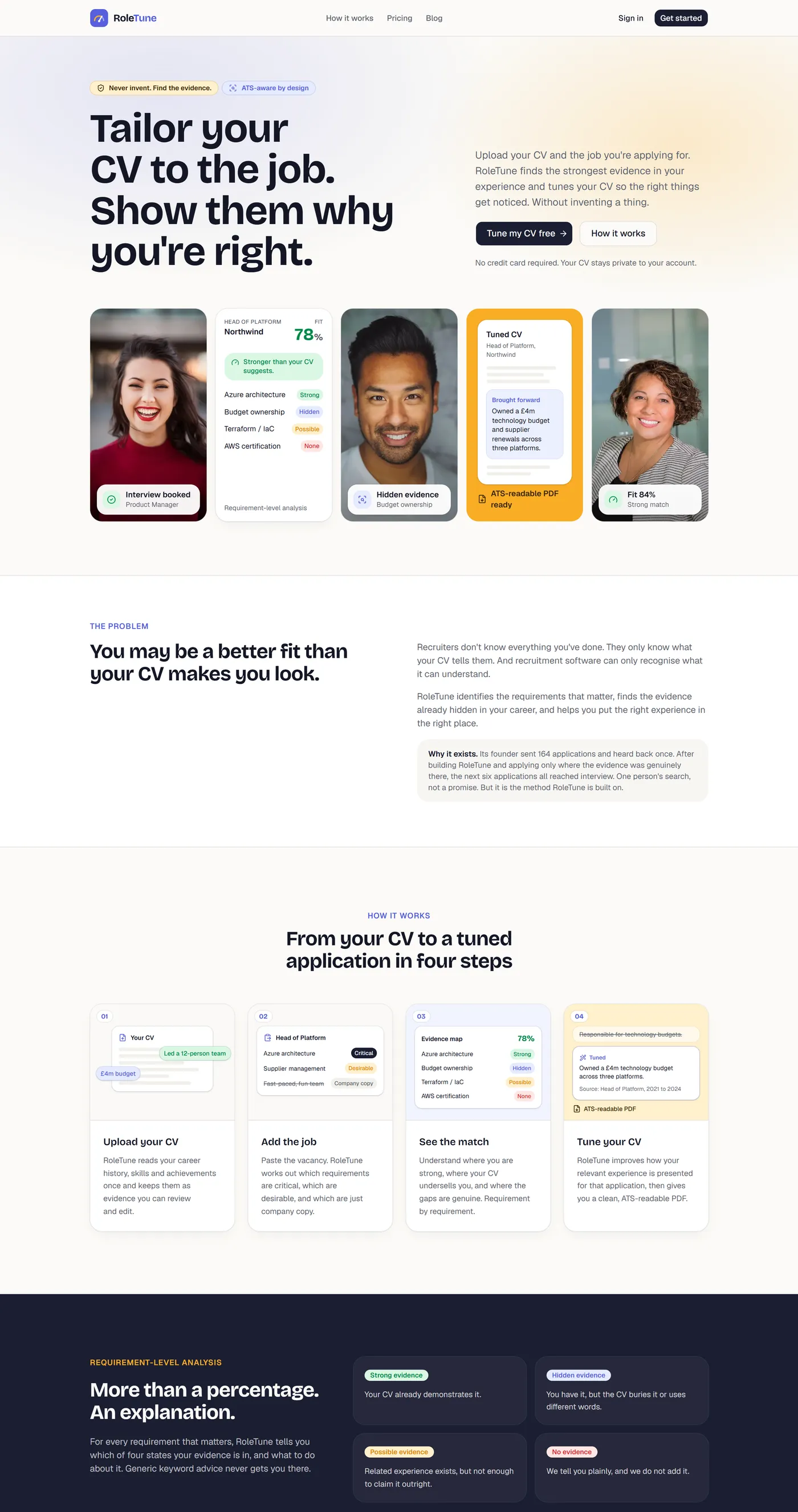 A long scroll of the RoleTune homepage, including the How it works cards with miniature interfaces.