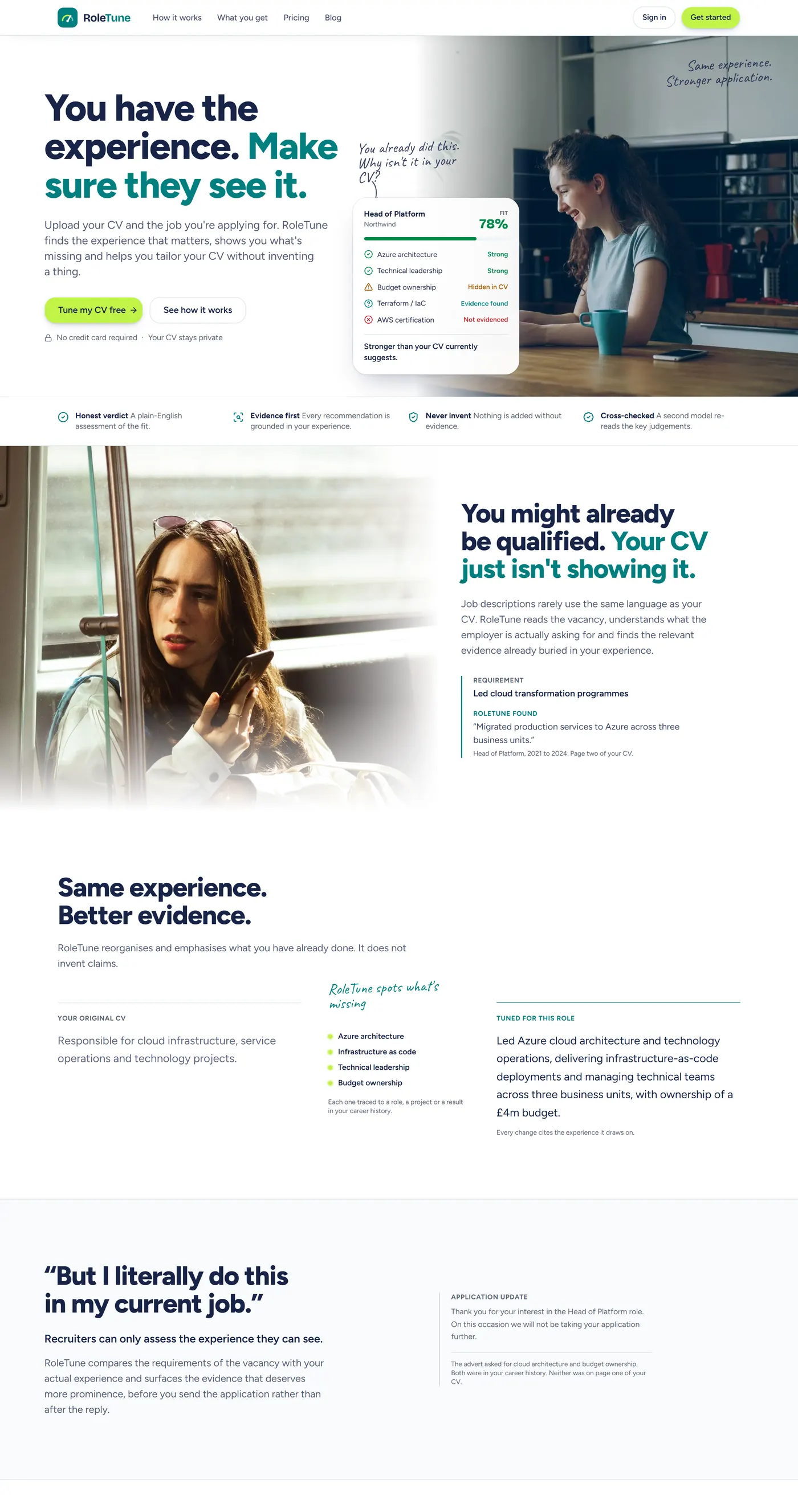 A long scroll of the RoleTune homepage: the fit-analysis hero, a requirement matched to a quoted line from the CV, and a before-and-after CV line headed 'Same experience. Better evidence.'