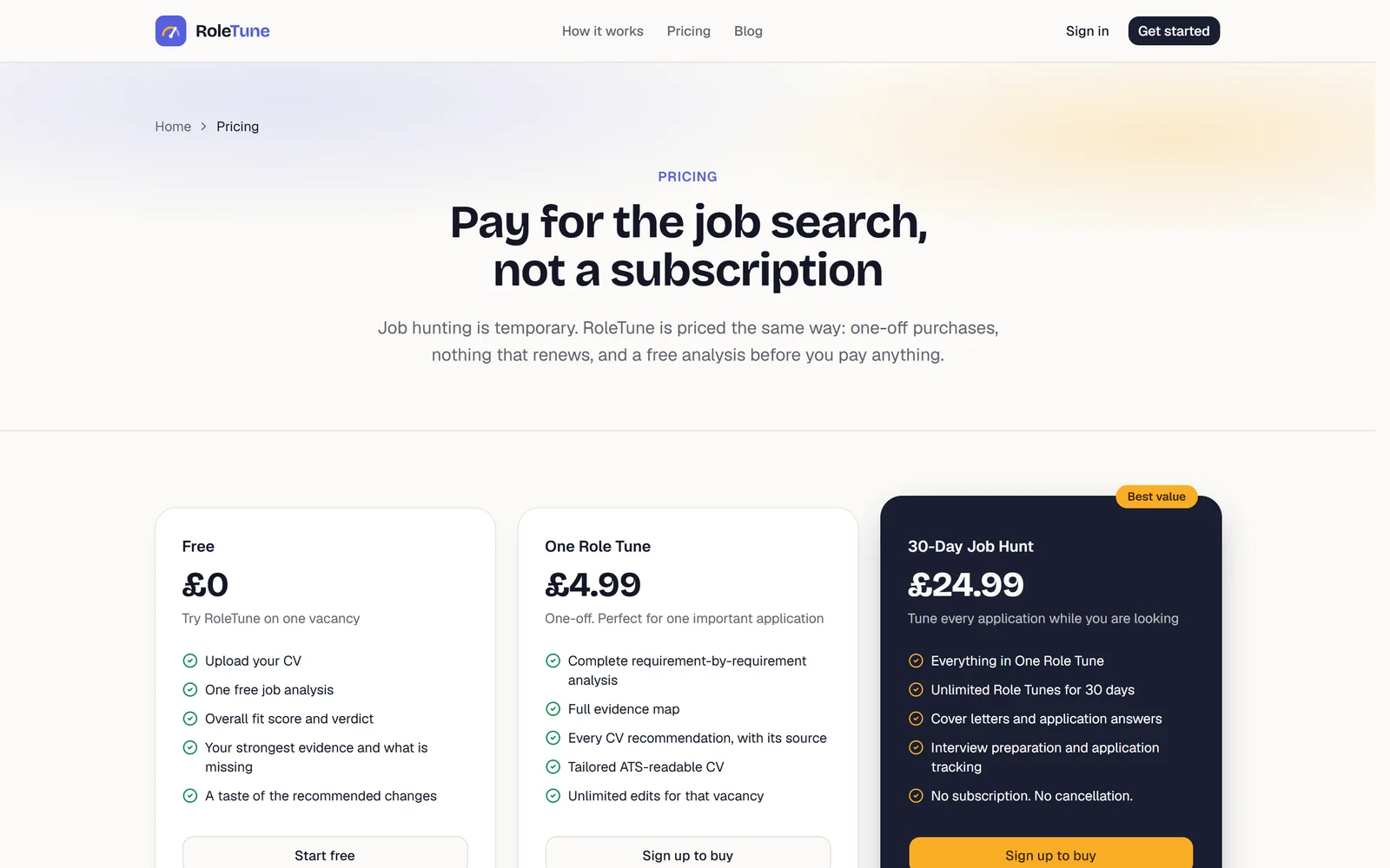 RoleTune pricing page: 'Pay for the job search, not a subscription', with a free analysis, a £4.99 Role Tune and a £24.99 30-Day Job Hunt pass.
