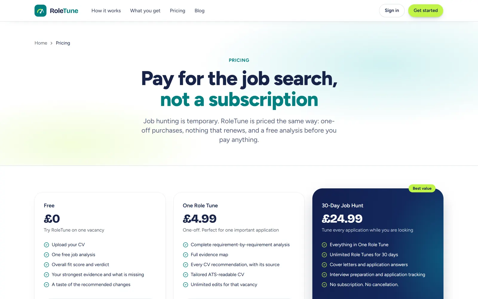 RoleTune pricing page: 'Pay for the job search, not a subscription', with a free analysis, a £4.99 Role Tune and a £24.99 30-Day Job Hunt pass.