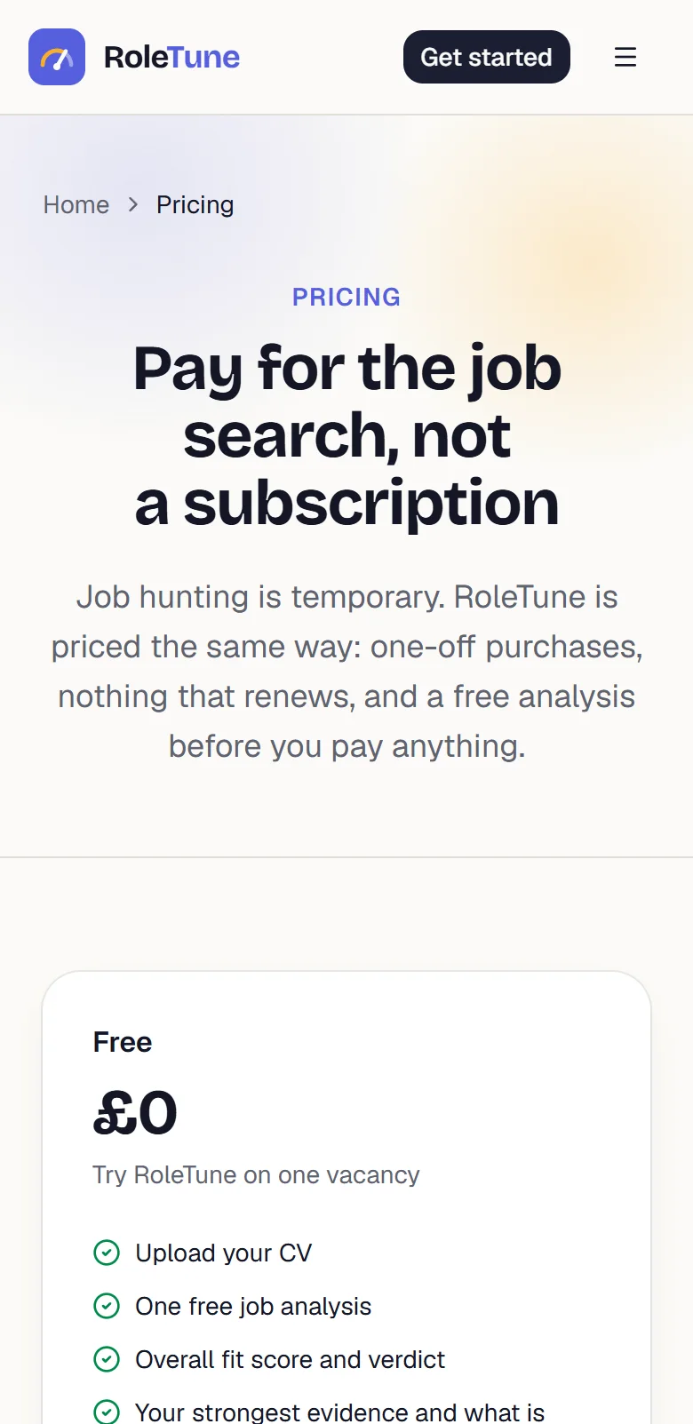 RoleTune pricing on a phone.