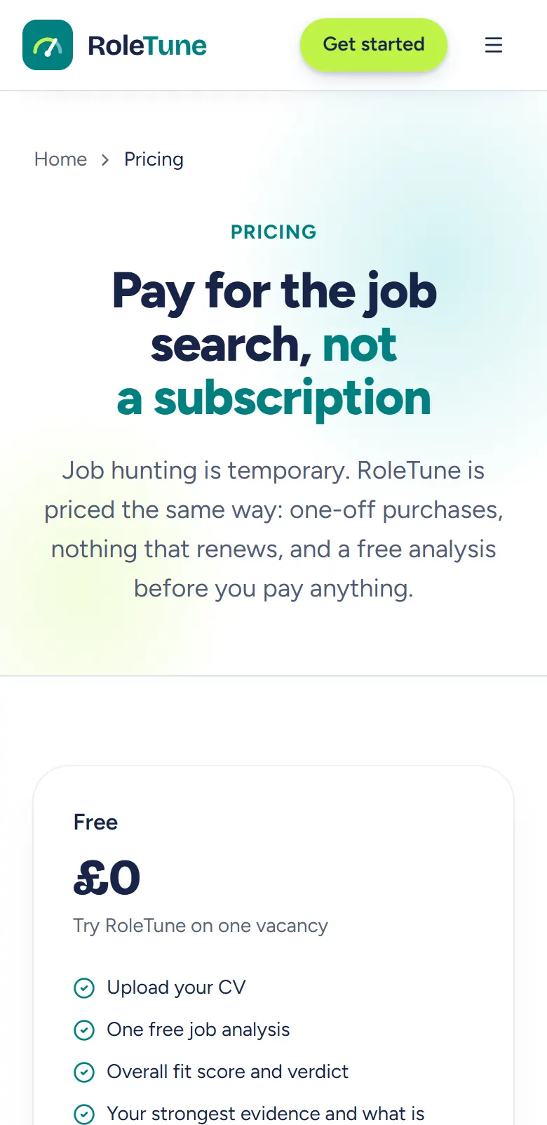 RoleTune pricing on a phone.