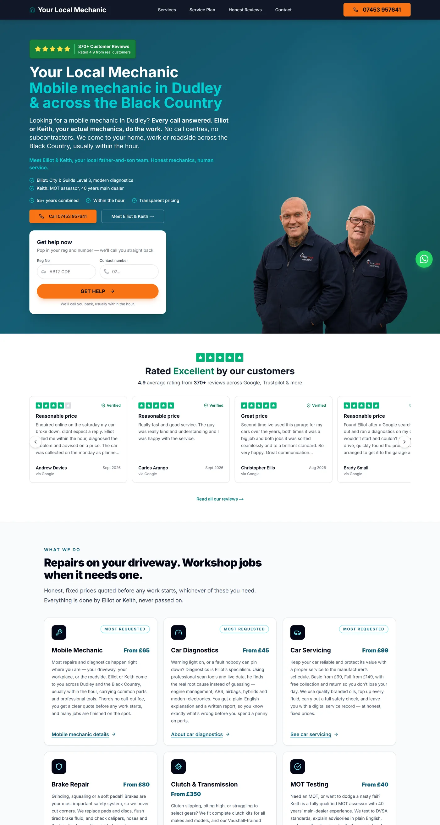 Your Local Mechanic homepage: a dark blue hero reading 'Mobile mechanic in Dudley and across the Black Country', a 4.9-star review badge, a prominent call button and a photograph of Elliot and Keith.