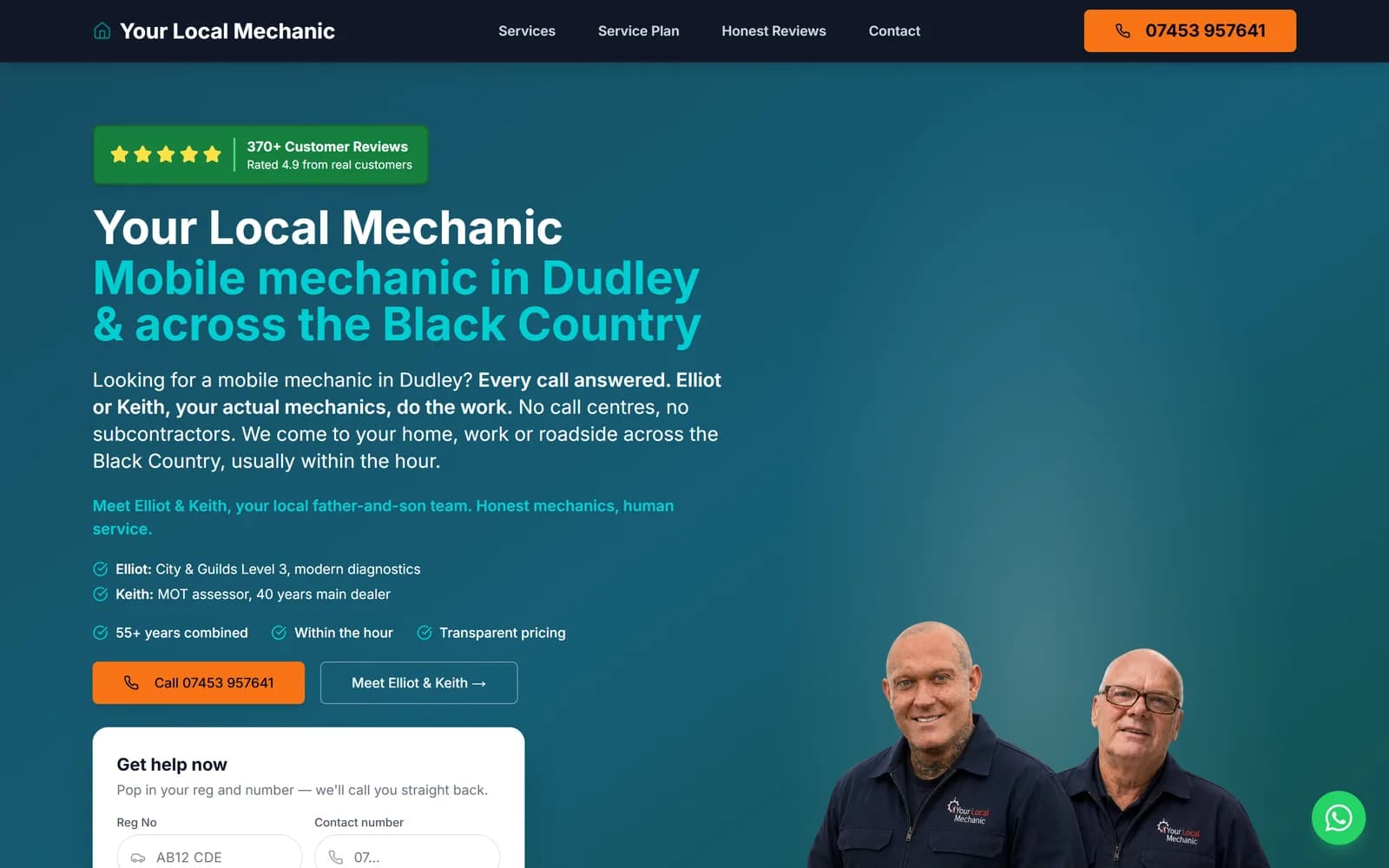 Your Local Mechanic homepage: a dark blue hero reading 'Mobile mechanic in Dudley and across the Black Country', a 4.9-star review badge, a prominent call button and a photograph of Elliot and Keith.