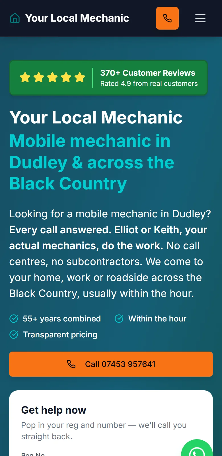 Your Local Mechanic homepage on a phone, with the review badge, headline and a full-width call button.
