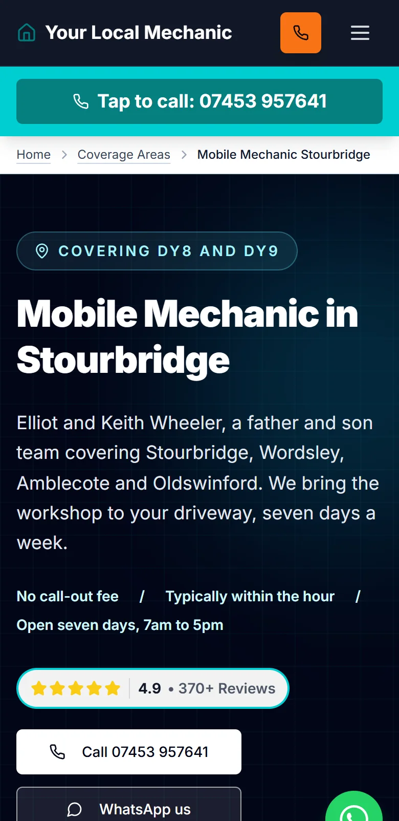 Your Local Mechanic's Stourbridge service-area page on a phone.